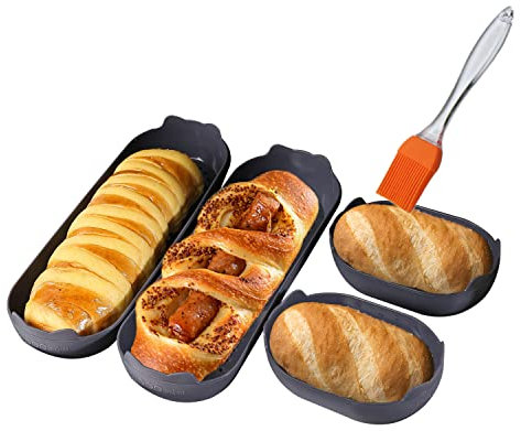 KeepingcooX Hot Dog, Baguette Silicone Baking Moulds Set, Long French Loaf and Small Hamburger, Breadstick, Bread Rolls, Non-Stick, Perforated, 4 Pcs, Plus Heat-Resistant Brush