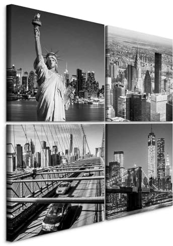 B&D XXL - Leinwandbild Set New York, 80x80 cm, 4-teilig, Schlafzimmer | Hochwertige Leinwand, sofort aufhängbar, ideal fürs Wohn- oder Schlafzimmer, wasserfest und lichtecht, langlebig, stilvoll