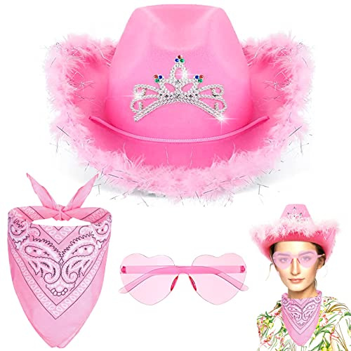 TOPJOWGA Cowgirl Kostüm Set - Rosa Hut mit Feder, Partybrille, Bandana, Damen Cowboyhut Filz - Cosplay Party Halloween Karneval Kostüm Zubehör