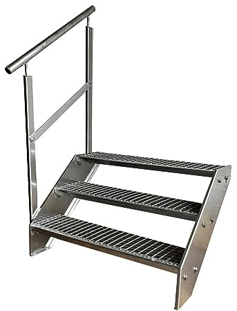 Kaminbau Mierzwa Premium Stahl Treppe Geländer Links Verzinkt 3 Stufen (Breite 800 mm) (Höhe 57 cm) Wetterfest Gitterroststufe Gartentreppe