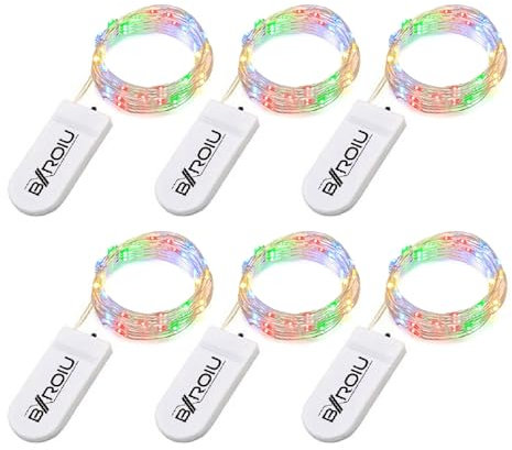 BXROIU Guirlandes Lumineuses a pile,20 LEDs 2 Mètres Fil d'argent et à Piles CR2032 idéal pour les fêtes de Noël, le mariage, la fête, et le décor de votre chambre et jardin (Multicolore, Lot de 6)