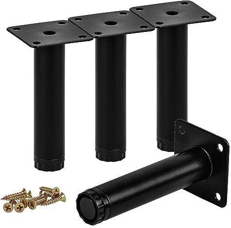 TCHOSUZ 6 Inch Heavy Duty Adjustable Metal Furniture Legs,4Pack Round Black | Sturdy Iron with anti-rust coating, Support 300lbs, Pre-drilled Holes & Screws for Fast DIY, Fits Cabinet Sofa Table Ottoman