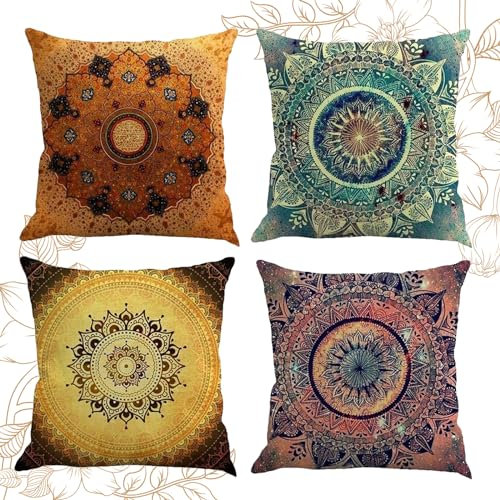 HIQE-FL Juego de 4 Fundas de Cojín de 45 x 45 cm,Cojines Impermeables Exterior,Funda de cojín Decorativa con Diseño Bohemio,de Flores Indias,para Sofá,Oficina, Coche,Decoración del Hogar