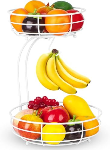 Bomclap Cesto per frutta con porta banana – 2 ripiani in metallo – Cucina rimovibile frutta in piedi – Moderno cestino decorativo per verdure – Bianco