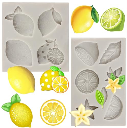 MYPRACS Lemon Fondant Moulds Summer Fruit Flower Silicone Candy Chocolate Mould Lemon Slices Resin Mould for Cake Decorating Cupcake Topper Gum Paste Polymer Clay Set of 2