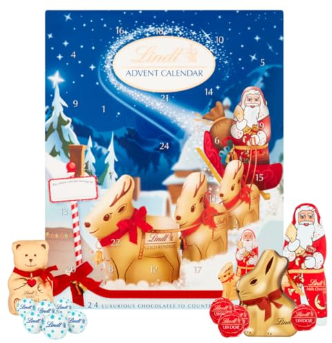 Lind'ts Advent Calendar 2025 | 160g Milk Chocolate Reindeer, Santa, Napolitians, Snowdrops, and Lindor Mini Truffles | Perfect Christmas Advent Calendar with gift tag