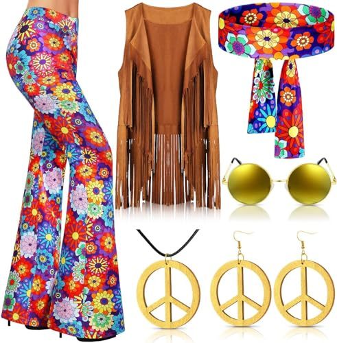 QTUN 7 Stück 60er 70er Jahre Hippie Bekleidung für Damen Hippie Kostüm Set mit Boho Schlaghosen Fransenweste Stirnband Hippie Kostüme Zubehör 70er Jahre Disco Outfit für Halloween Karneval Cosplay