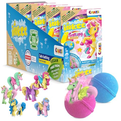 Inkee Surprise, Set de 5 Bomba da Bagno con Sorpresa di Galupy Unicorn, Palline da Bagno per Bambine con Figura 3D di Unicorno, Aroma di Caramello