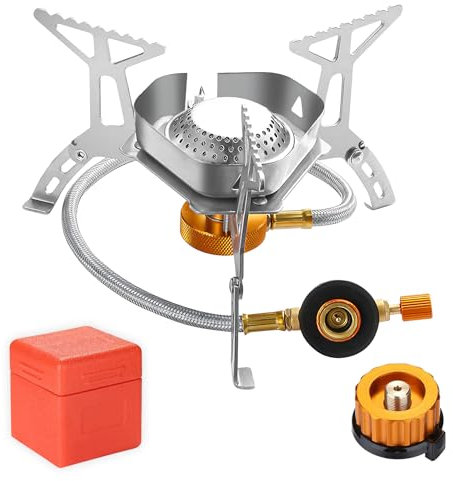 Idota Hornillo de camping de 3500 W con encendido piezoeléctrico, resistente al viento, plegable, con adaptador, para cartucho de rosca, quemador de gas para exteriores, pícnic, senderismo