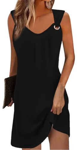 Yeenily Robe Femme Col en V sans Manches Décontractée Plage Robes Chic et Elegant Été Couleur Unie Mini Longue Tunique Robe (Noir, L)