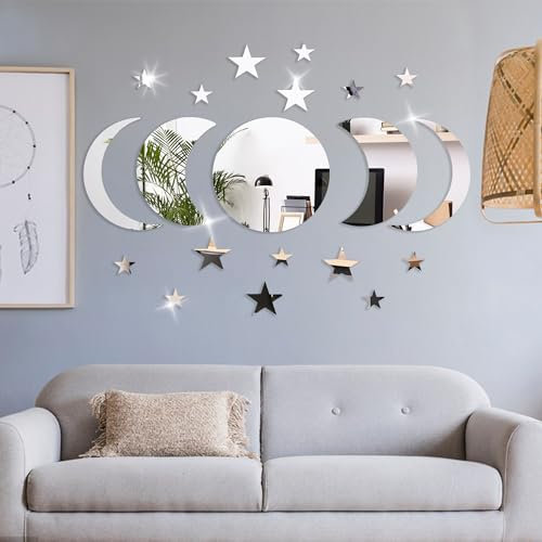 AuGiueam Moon Stars Mirror Wall Stickers - 20 Pieces Bohemian Acrylic Mirror Wall Decals Decorations, DIY Self Adhesive Personalized Decoration for Bathroom Living Room Bedroom