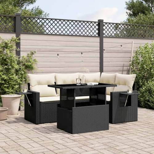 Rantry 5-TLG. Garten-Sofagarnitur mit Kissen Balkonmöbel Gartensofa Gartenmöbel Set Loungesofa Modular Terrassensofa Sitzgruppe mit Tisch Terrassenmöbel Schwarz und Cremeweiß Poly Rattan
