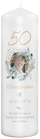 PhotoFancy® - Personalisierte Geburtstagskerze - Fotokerze mit eigenem Foto/Text bedrucken lassen - Kerze mit Geburtstags-Design: Kranz - 29 cm Höhe