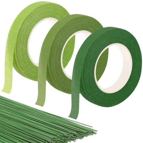 LDERFIV 3 Stück Floristenband Grün 100 Pcs Blumendraht Grün Floristendraht Floristik Kreppband für Wrapping Blumensträuße und Floralen Handwerken Kunsthandwerk (27m/Rolle)