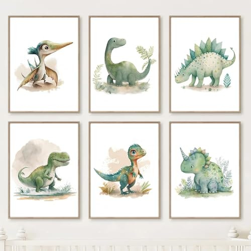 Youihom 6 Bilder Dinosaurier Kinderzimmer Poster Babyzimmer Junge Wandbilder Kinder Grün Wandposter Baby Bilderwand Leinwand 21x30 ohne Rahmen