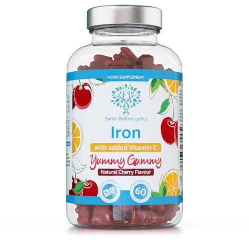 Iron Gummies with Added Vitamin C - 60 Natural Cherry Flavour Chewable Yummy Gummies - 2 Month Supply - efficient Absorption and gentler Digestion Formula - Made in the UK