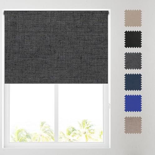 Barnes Blinds - Linen Look Textured Blackout Roller Blinds for Windows, Custom Cut to Size - Durable Fittings, Easy Fit (Charcoal 122cm)