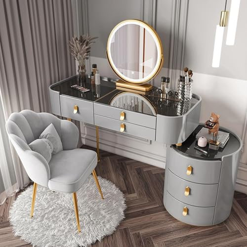 MVXBICIA Modernes Schminktisch-Set mit beleuchtetem Spiegel, Schubladen mit Glasplatte, Beistellschrank und Stuhl, großer Make-up-Tisch mit 3 Beleuchtungsfarben für Sie (Grau, 80 cm) (Grau, 100 cm)