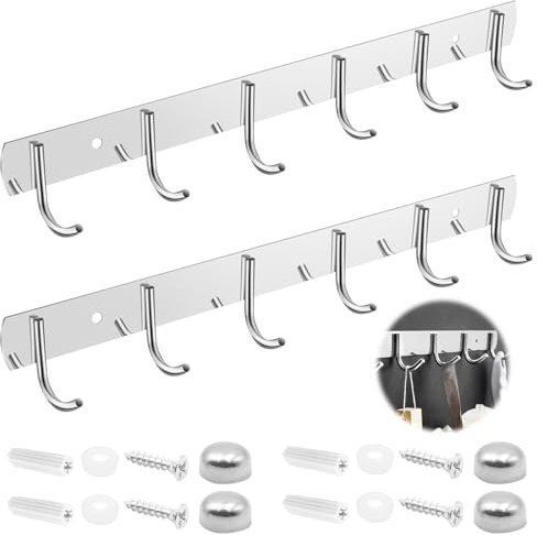 WYYFXY® 2 Stück Küche Hakenleiste Edelstahl Kleiderhaken Wand Garderobenleiste Wandgarderobe für Garderobe Schlafzimmer Schrank Badezimmer Küche, Silber (6 Haken)