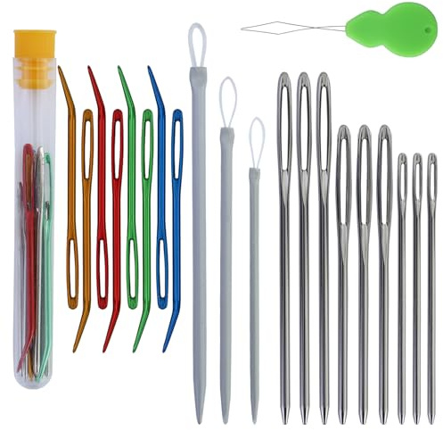 Set di 20 aghi per spillare con occhi grandi, aghi per lana da cucire, in acciaio inox, 3 misure, punta curva per lavorare a maglia, con 1 infila ago di zucca