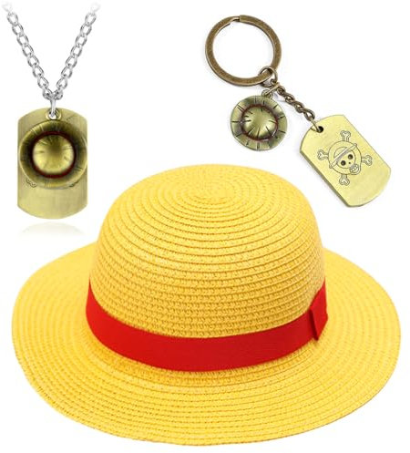 ZGCXRTO 3 PCS Casquette Pirate en Paille,Porte-clés chapeau de pirate Collier,One P Chapeau de paille,Chapeau de Soleil,Casquette Pirate en Paille,Porte-clés Pirates,pour Cosplay Anime Manga (D-31CM)