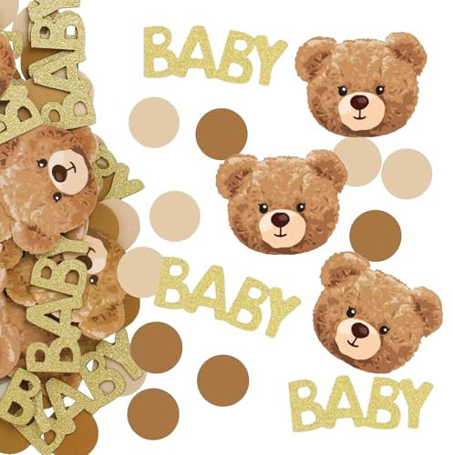 Lot de 100 confettis de table en forme d'ours en peluche pour fête prénatale, lettres dorées à paillettes et pois marron, décoration de table pour fête prénatale, révélation du sexe de bébé, fête de