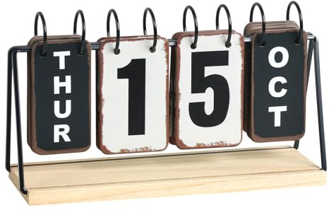 EASEYA Metal Flip Calendar with Wooden Base, Daily Perpetual Desk Calendar with Large Display, Modern Farmhouse Desktop Calendar for Home Office Decor, Reusable and Foldable