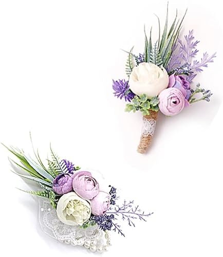 Set mit 6 lila Ansteckblumen für Trauzeugen, Bräutigam, Trauzeugen, weiße Knopflöcher für Hochzeit, Party, Abschlussball, Dekoration (2 Stück lila Ansteckblume und Ansteckblume)