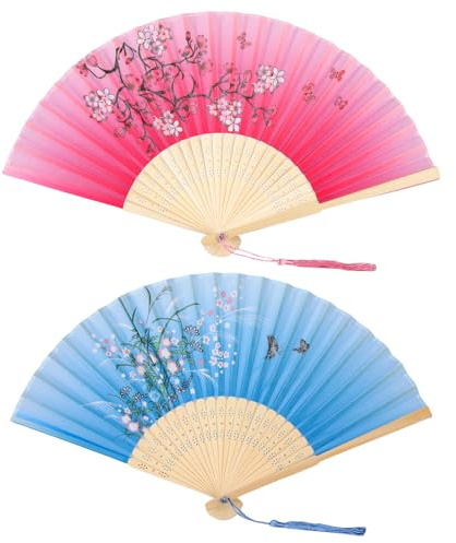 CharmBurst 2 Pezzi ventagli di Seta con Struttura in bambù, Motivo Floreale Rosa e Blu Ventagli Pieghevoli per Danza e Cosplay, Accessori Decorativi per Matrimoni e Feste