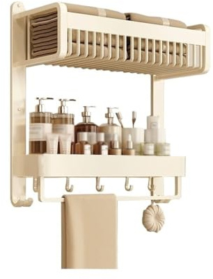 Étagère de douche Étagère de rangement de salle de bain intégrée à 2 niveaux, support de douche de salle de bain mural avec barre porte-serviettes et crochets, organisateur de douche de salle de bain