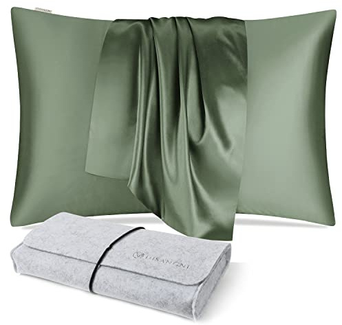 DISANGNI Kissenbezug aus 100 % natürlicher Maulbeerseide für Haar und Haut, mit verstecktem Reißverschluss, beidseitig 22 Momme, echte Seide, 40 x 80 cm, Grün