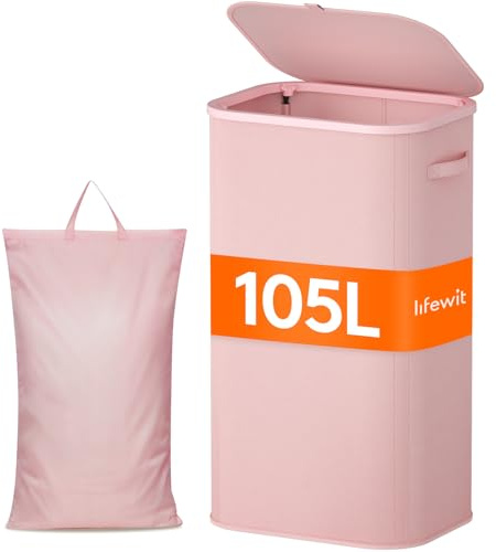 Lifewit 105L Laundry Basket with Lid, Washing Basket with Handles and Bag, Large Foldable Dirty Clothes Organiser with Plastic Frame for Laundry Room, Bedroom, Bathroom, Pink