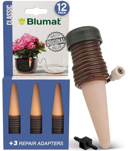 Blumat Classic Self-Watering Stakes - Prevents Overwatering and Underwatering for Healthy Growth While You are Away - Ideal for Indoor Plant Watering, 12 Pack, w Adapter