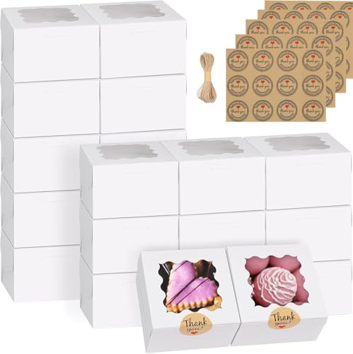 Kleine Keksboxen mit Fenster, 10,2 x 10,2 x 6,3 cm dick, Backboxen mit Aufklebern, Dessert- und Keksboxen für Mini-Kuchen, Leckereien, Dessert, Gebäck, Donuts, Macaron, Erdbeeren, Schokolade, 60 Stück