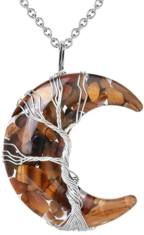 Générique Collier Pendentif Arbre De Vie Enroulé En Fil De Fer Reiki Pendentif Croissant De Lune Énergie Cristal Bijoux Spirituels Fait Main Gravier Naturel Pierre Précieuse Collier Pour Femme