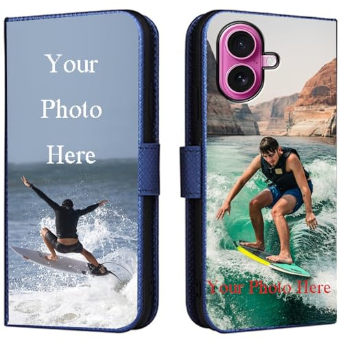 FortiCase Personalised Phone Case for iPhone 17,PU Leather Flip Cover,with Card Slots,Holder Cases,Design Your Own Photo Image,Text Personalised Case - Blue-LN4