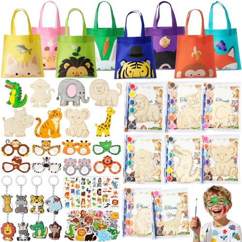 112Pcs Dschungel Tiere Party Mitgebsel Kindergeburtstag Gastgeschenke Holztiere zum Bemalen Schlüsselanhänger Party Brille Dschungel Safari Geschenktüten Dschungeltiere Give Aways Jungen Mädchen
