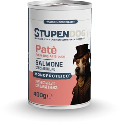 STUPENDOG Paté per Cani Monoproteico al Salmone con Semi di Lino - 98,5% Salmone Fresco, Ipoallergenico, Pelo Lucido, Pelle Sana – Cibo Umido Naturale per Cane Adulto (12 Confezioni - 400g)