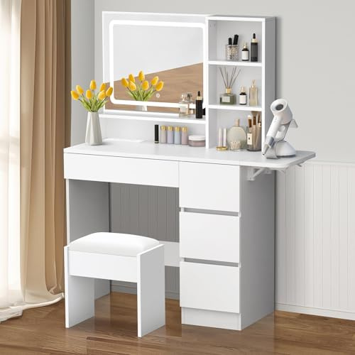 ALFORDSON Schminktisch mit Beleuchtung, 4 Schubladen, HD-LED-Spiegel, Weiß | Make Up Tisch 90Bx40Tx138H cm, 3 Lichtfarben, Dimmbare Helligkeit, Aufbewahrungshocker, Seitenplatte fürs Ankleidzimmer