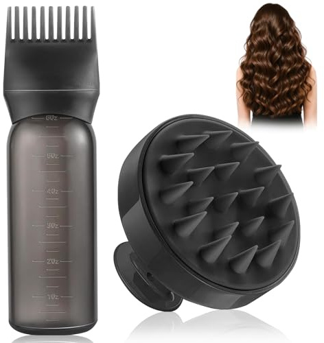 2 Stück Haaröl Applikator, Scalp Applikator Flasche und Kopfmassage Bürste, Hair Oil Applicator Bottle mit Abgestufter Skala, Kopfhaut öL Applikator für Hair Oiling Haar Colorationen (Schwarz)