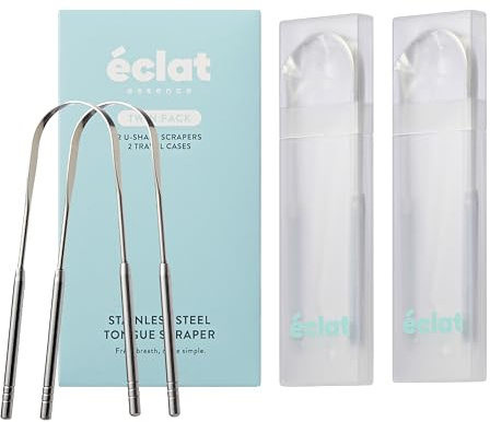 Éclat Stainless Steel Tongue Scraper with Travel Case, Tongue Cleaner for Fresh Breath & Oral Hygiene, Flexible, Durable, Easy-to-Use, Non-Irritating for Oral Care (Twin (U Shape x2))