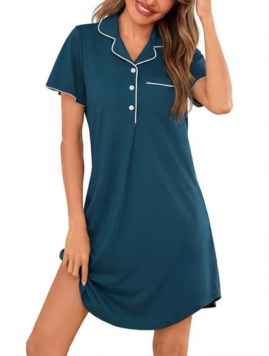 Jahetuul Camisón Mujer Manga Corta con Volantes Algodón con Abertura de Botones Ropa de Dormir con Bolsillo Confortable y Elegante para Verano
