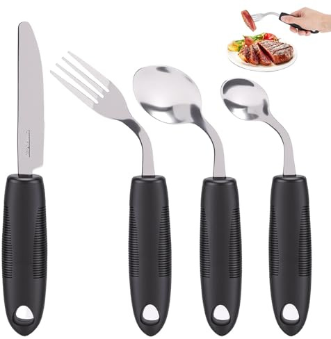 4PCS Couverts Adaptés, Ustensiles Parkinsons Couverts, Angle de 45° | Lestés pour Âgées, Tremblements et Arthrite, Aide à l'Alimentation Ergonomique Facile à Saisir pour Droitier, Noir