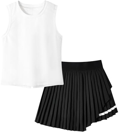 Rolanko Set di Abbigliamento per Bambine Set Estivo con Maglietta Senza T-shirt e Gonna, Completino Abito due Pezzi con Canotta, Bianco, 9-10 Anni,140