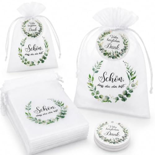ENYACOS 30er Set Gastgeschenke Hochzeit - Organzabeutel Schön, dass du da bist & Anhänger Danke Schön - Mitgebsel Set für Taufe, Kommunion, Geburtstag - Eukalyptus Design Tischdeko (A)