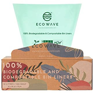 ECO WAVE 100% Biodegradable and Compostable Bin Liners, 10 litres, 100 Bags, EN 13432 Certified