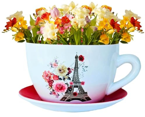 hadaaya 7.5 Ceramic Teacup Planter Pot with Saucer | Ideal for Succulents, Orchids, Herbs & Flowers | Indoor & Outdoor Use - RED - Paris Eiffel Tower