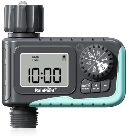 RAINPOINT Timer Irrigazione con Irrigazione Automatica, Programmatore Irrigazione con Ritardo Pioggia, Display LCD Centralina Irrigazione per Serra da Giardino Blu