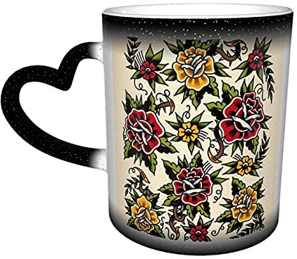 Keramiktasse Blume Tattoo Kaffeetasse Lustige Farbwechsel Reisebecher Keramik Wärmeempfindliche Tasse 330ml