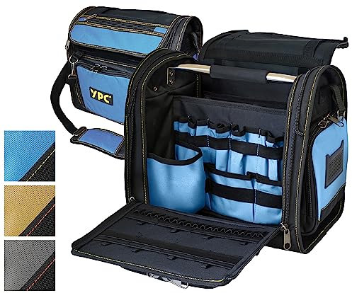 YPC Foreman Werkzeugtasche XL– Tragbare Aufbewahrungstasche mit Karabinerhaken, Wasserfest, Reißfest, Stabiler Metallgriff & Schultergurt mit Polsterung, Blau-Schwarz, 37x36x27cm – 20 kg Tragkraft